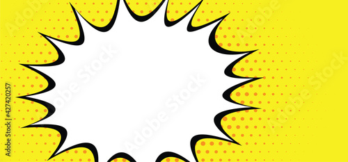 Drawing empty blank comic strips sign. Cartoon speech bubble cloud for slogan quote or text In pop art retro  80 70 year style Funny vector clipart sketch. Yellow background banner and polka dots icon