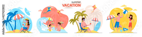 Summer vacation concept scenes set. Man and woman relax on beach, family swimming, couple plays ball, seaside resort. Collection of people activities. Vector illustration of characters in flat design