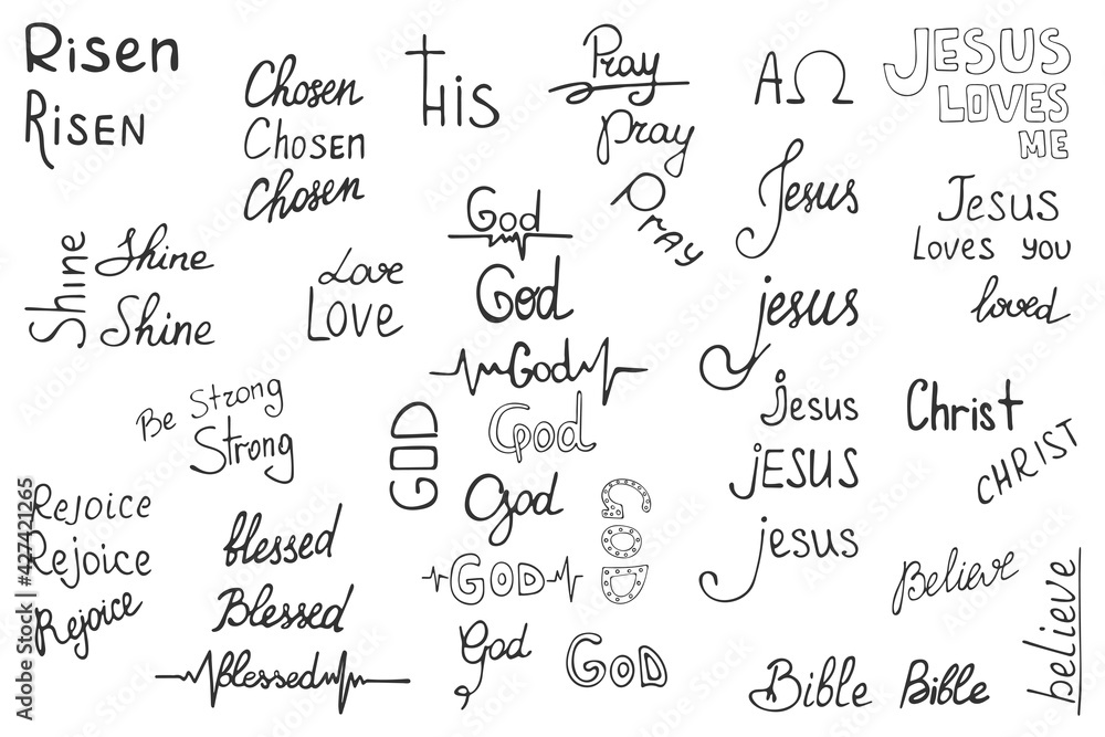 Hand-drawn big set of Christian inscriptions and words isolated on white background. Religion and Christianity. Christian Words and Phrases - God Jesus Risen the chosen bible Love. Vector illustration