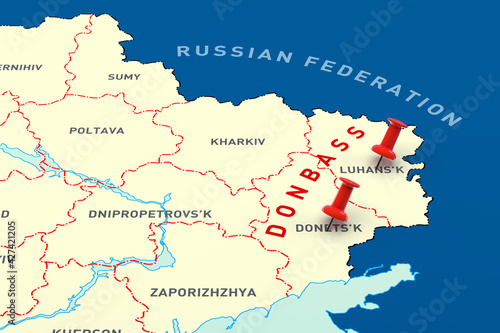 Hot Zones Marked on the Map of Ukraine. 3d Rendering photo