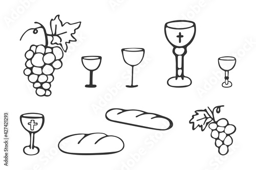 Hand-drawn set of Christian icons of grapes, bowls and breads isolated on white background. Religion and Christianity. Christian symbols of the sacrifice of Jesus Christ. Vector illustration