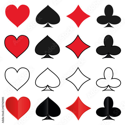 set of icons of card suits hearts diamonds spades clubs vector illustration