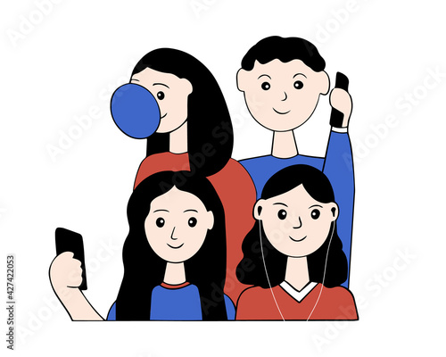 A group of teenagers spend time together. Friends walk together, listen to music, take pictures, talk on the phone. Vector cartoon