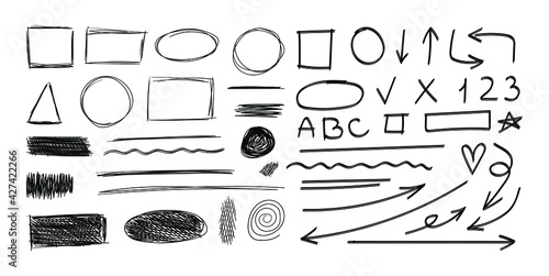 Vector sketch elements, hand drawn black abstract shapes isolated on white background, sketchbook drawings.
