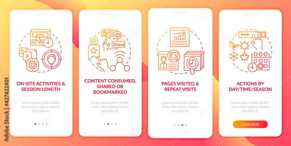 User behaviour analytics red onboarding mobile app page screen with concepts. On site activities walkthrough 5 steps graphic instructions. UI, UX, GUI vector template with linear color illustrations