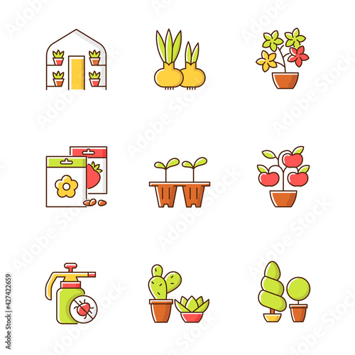 Gardening store categories RGB color icons set. Flower pots and flower beds for gardening. Seedling trays for growing flowers at home. Isolated vector illustrations