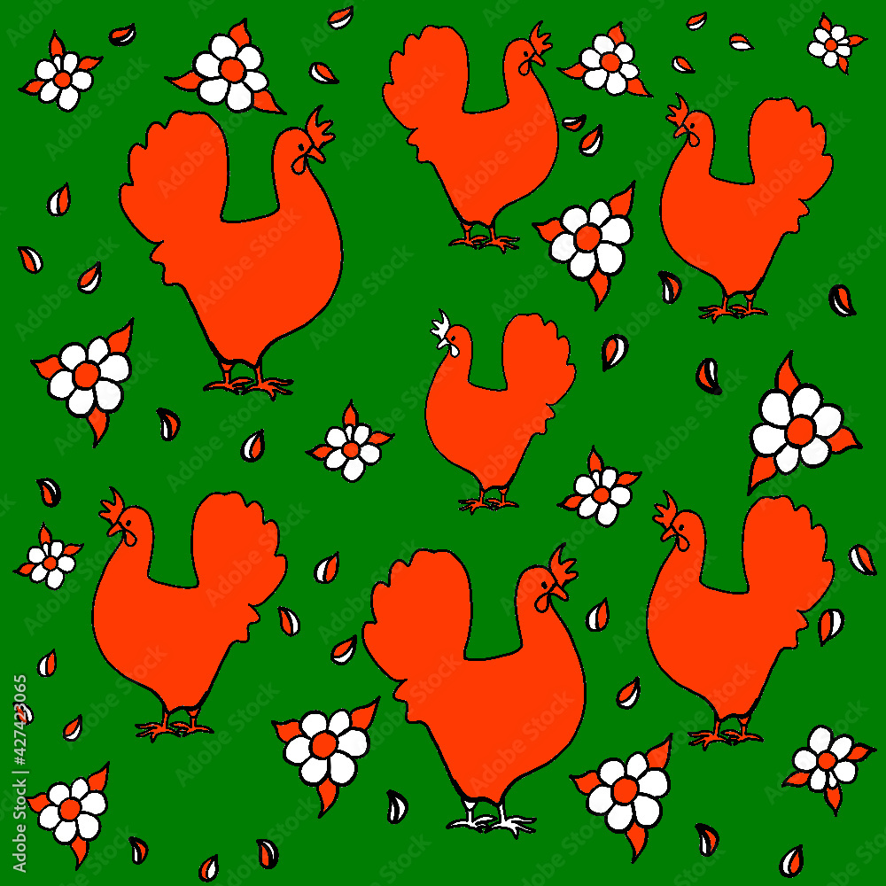 chicken, kvochka, klusha, hen, on a beige,light green, red, yellow background. Digital illustration is designed for printing on any type of textile:dress, tunic, pajamas, bed linen, apron for a daught