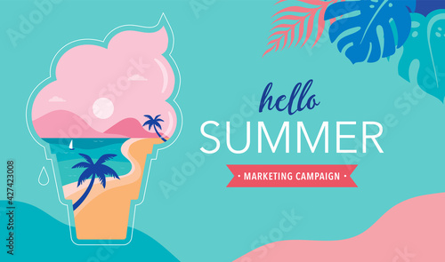 Summer time fun concept design. Creative background of landscape, panorama of sea and beach on ice cream cone. Summer sale, post template