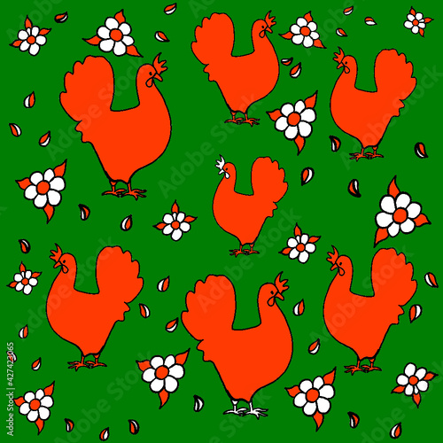 chicken, kvochka, klusha, hen, on a beige,light green, red, yellow background. Digital illustration is designed for printing on any type of textile:dress, tunic, pajamas, bed linen, apron for a daught