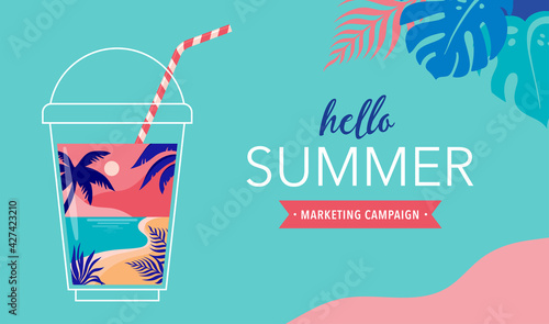 Summer time fun concept design. Creative background of landscape, panorama of sea and beach on glass of smoothie shake. Summer sale, post template