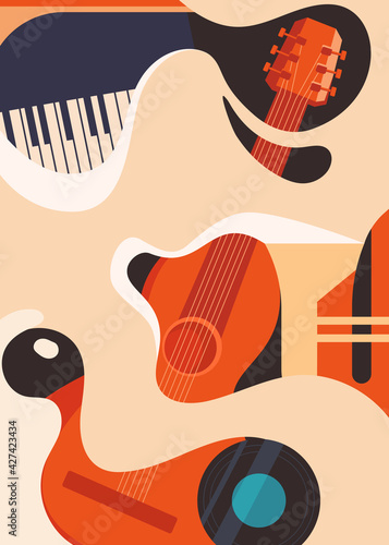 Photography Poster template with guitar and piano. Jazz concept art.