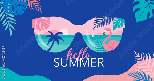 Summer time fun concept design. Creative background of landscape, panorama of sea and beach on sunglasses. Summer sale, post template