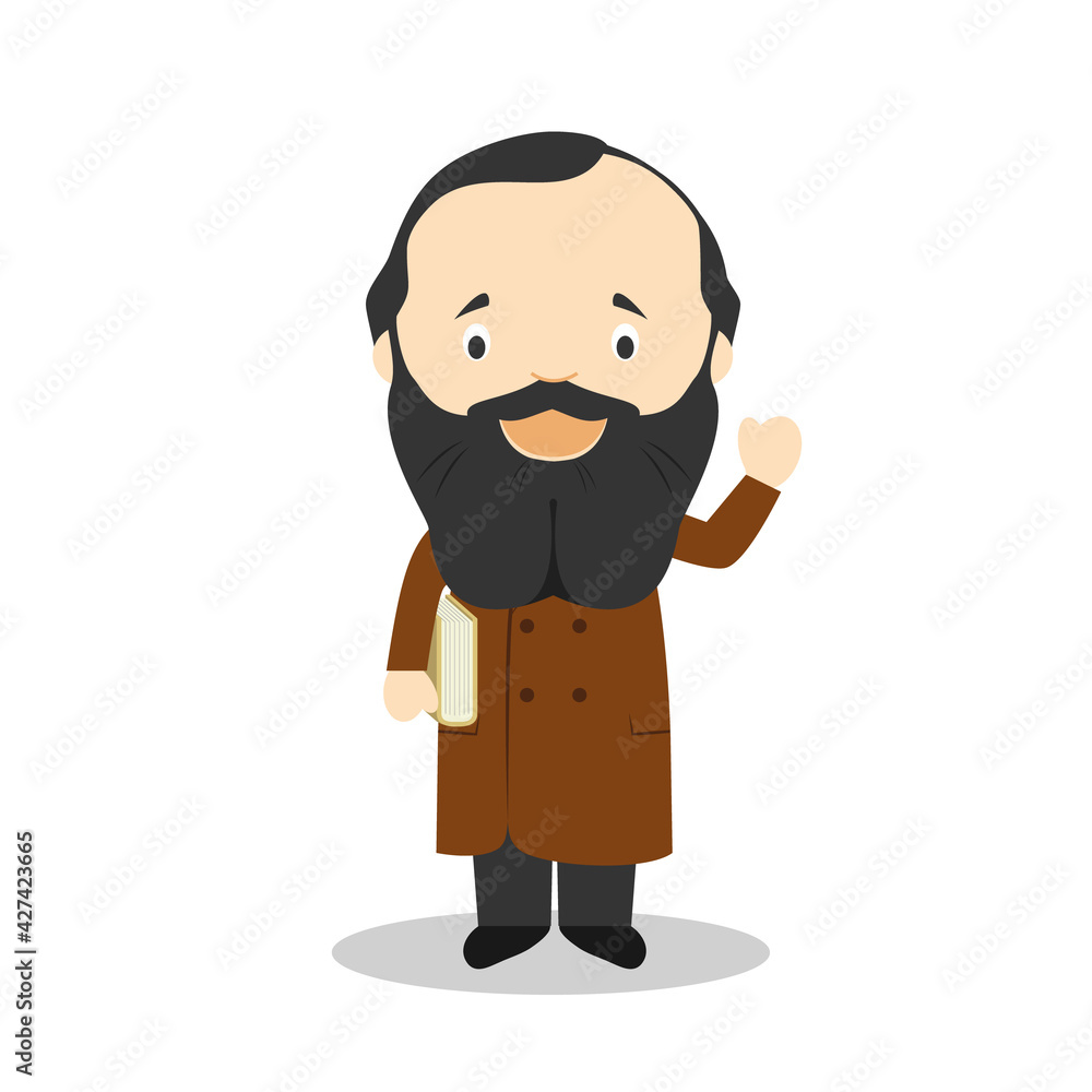 Fiodor Dostoevsky cartoon character. Vector Illustration. Kids History Collection.