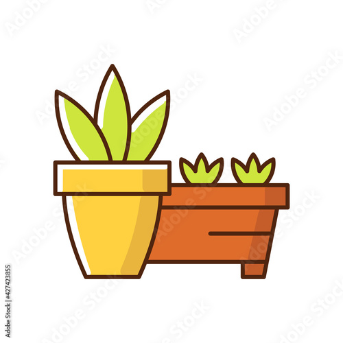 Flower pots and flower beds RGB color icon. Place to grow plants inside house. Gardening equipment and tools. Growing beautiful plants. Isolated vector illustration