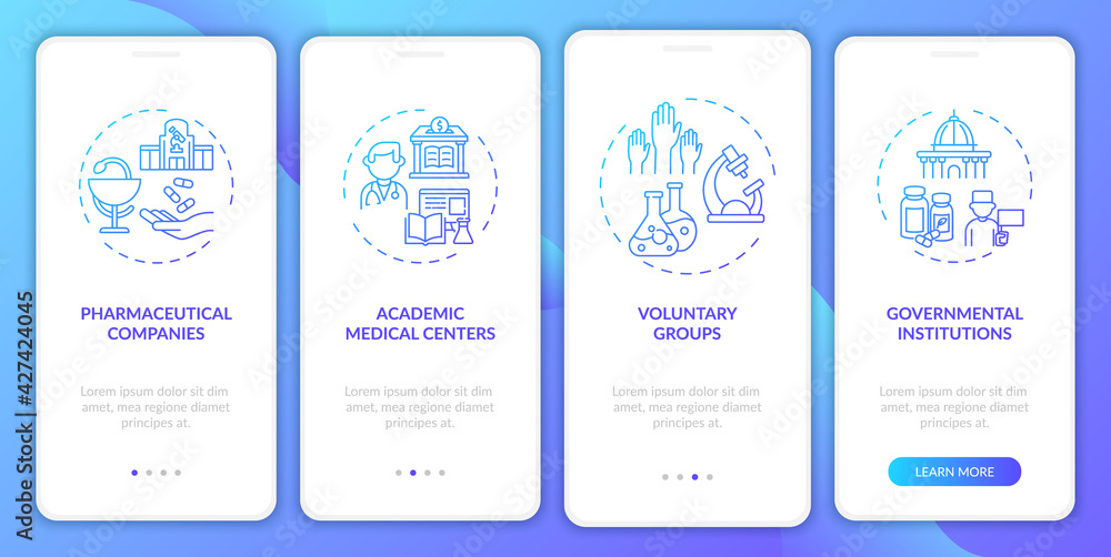 Clinical trials financing onboarding mobile app page screen with concepts. Voluntary, government walkthrough 4 steps graphic instructions. UI, UX, GUI vector template with linear color illustrations