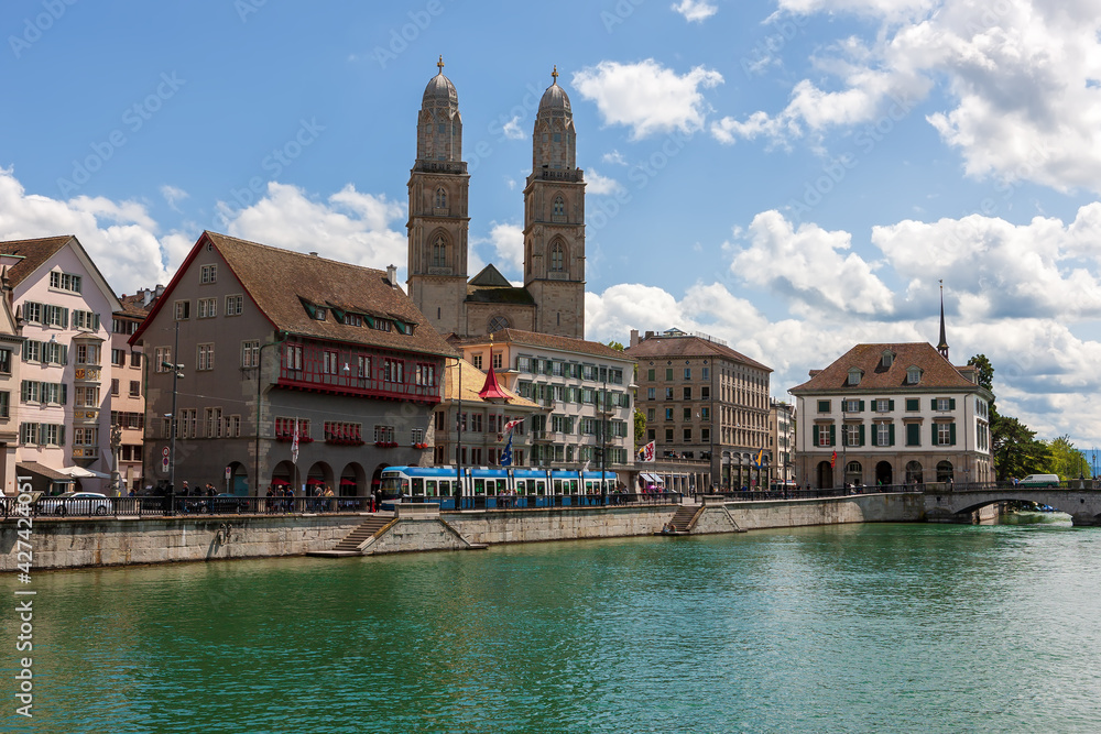 Grossmunster Church-the symbol of Zurich, on the banks of the Limmat River.