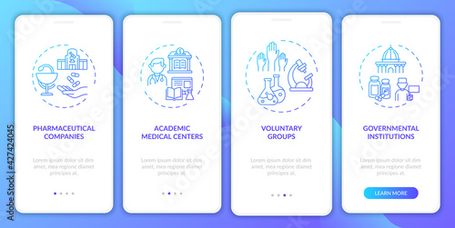 Clinical trials financing onboarding mobile app page screen with concepts. Voluntary, government walkthrough 4 steps graphic instructions. UI, UX, GUI vector template with linear color illustrations