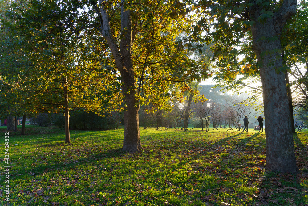 Historic Sempione park in Milan at November. Foliage