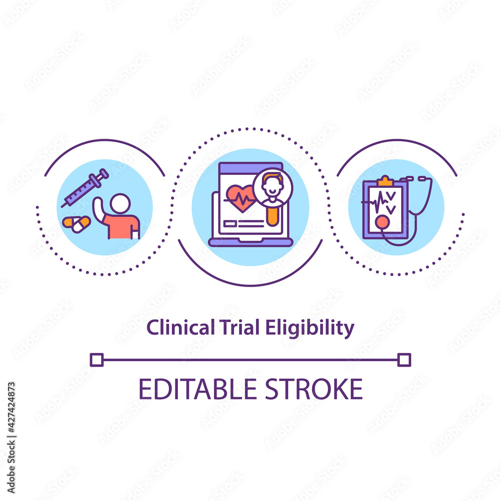 Clinical trial eligibility concept icon. Volunteer requirements idea thin line illustration. Participation in experiment. Inclusion criteria. Vector isolated outline RGB color drawing. Editable stroke Clinical trial eligibility concept icon. Volunteer requirements idea thin line illustration. Participation in experiment. Inclusion criteria. Vector isolated outline RGB color drawing. Editable stroke