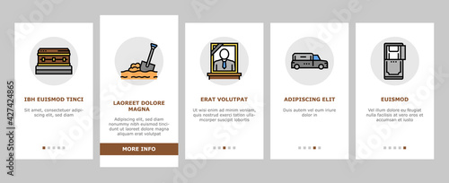 Funeral Burial Service Onboarding Mobile App Page Screen Vector. Church And Priest, Grave And Coffin, Candle And Gravestone, Funeral Crematorium And Cemetery Illustrations