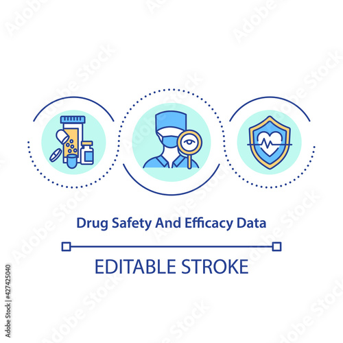 Drug safety and efficacy data concept icon. Analyzing medical treatment idea thin line illustration. Revealing positive, adverse effects. Vector isolated outline RGB color drawing. Editable stroke