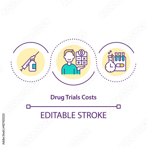 Drug trials costs concept icon. Cost distribution idea thin line illustration. Ensuring patient safety. Pharmaceutical companies. Vector isolated outline RGB color drawing. Editable stroke