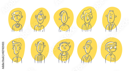 Face avatars set. Portraits diverse happy mens, sketch icons. Hand drawn line cartoon heads of male. Web, social network