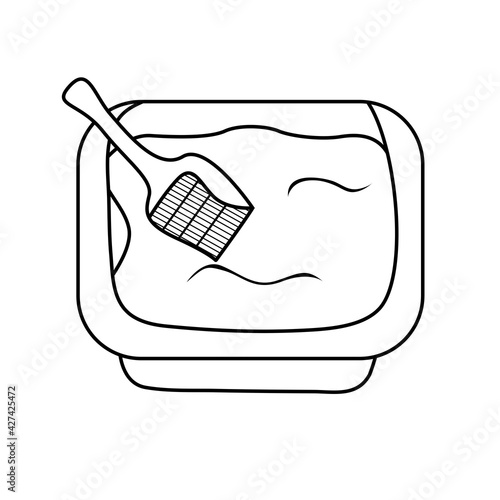 Pet cat litter box in doodle style. Accessory for pets hand drawing. Animal care icon isolated on white background. Vector illustration.