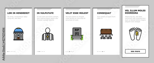 Funeral Burial Service Onboarding Mobile App Page Screen Vector. Church And Priest, Grave And Coffin, Candle And Gravestone, Funeral Crematorium And Cemetery Illustrations