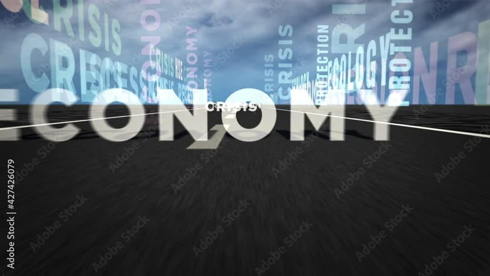Crisis text over road. Abstract loop concept of economy, ecology, recession, hse and protection. Seamless loopable 3d animation. Moving over the street. Crisis text over road. Abstract loop concept of economy, ecology, recession, hse and protection. Seamless loopable 3d animation. Moving over the street.