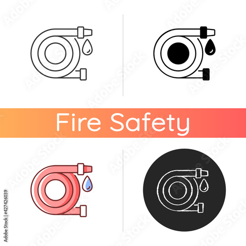 Fire hose icon. Equipment for putting out flames. Water supply for extinguishing. Firefighters rescue. Fire safety regulation. Linear black and RGB color styles. Isolated vector illustrations