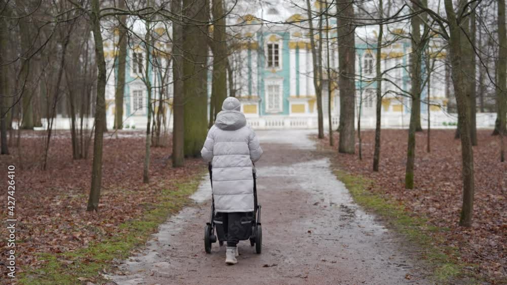 Mother with baby carriage walking along footpath in the park in early spring woman pushing baby pram on path in Catherine Park in the town of Tsarskoye Selo Pushkin. High quality 4k footage Mother with baby carriage walking along footpath in the park in early spring woman pushing baby pram on path in Catherine Park in the town of Tsarskoye Selo Pushkin. High quality 4k footage