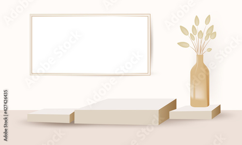 Podium and table lamp for product presentation in warm beige color, dried pampas grass and dried lagurus. Boho style decoration on the background of an empty wall. Vector illustration