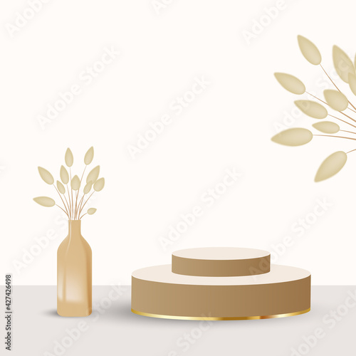 Podium and table lamp for product presentation in warm beige color, dried pampas grass and dried lagurus. Boho style decoration on the background of an empty wall. Vector illustration photo