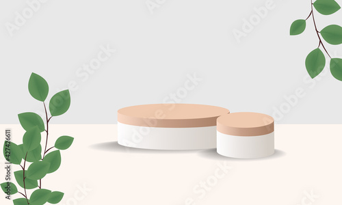 The podium and green leaves of the plant for the presentation of the product in warm beige colors. Boho style decoration. Vector illustration