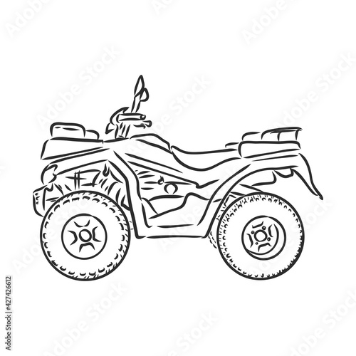 Vector engraved style illustration for posters, decoration and print. Hand drawn sketch of quad bike in black isolated on white background. Detailed vintage etching style drawing.