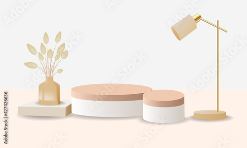 Podium and table lamp for product presentation in warm beige color, dried pampas grass and dried lagurus. Boho style decoration on the background of an empty wall. Vector illustration