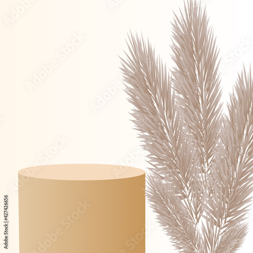 Podium and table lamp for product presentation in warm beige color, dried pampas grass and dried lagurus. Boho style decoration on the background of an empty wall. Vector illustration