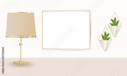 The podium and green leaves of the plant for the presentation of the product in warm beige colors. Boho style decoration. Vector illustration