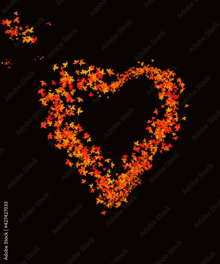 Black background. yellow leaves on a black background. heart made of leaves. romance. love Black background. yellow leaves on a black background. heart made of leaves. romance. love