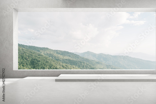 3d render of empty concrete room with large window on nature background, Empty space for product presentation. photo