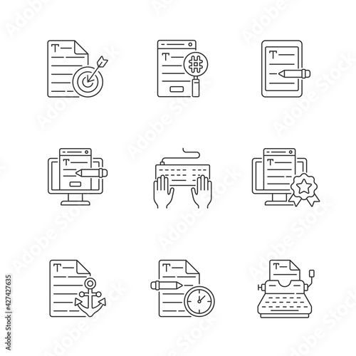 Writing SEO text linear icons set. Urgent copywriting services. Freelance project, SEO work. Customizable thin line contour symbols. Isolated vector outline illustrations. Editable stroke