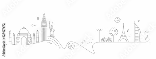 Travel the world monument concept - Vector Flat Line Art Design.