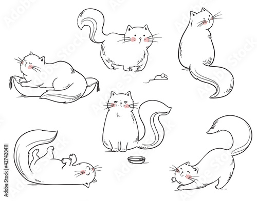 set of cats playing around vector line illustration