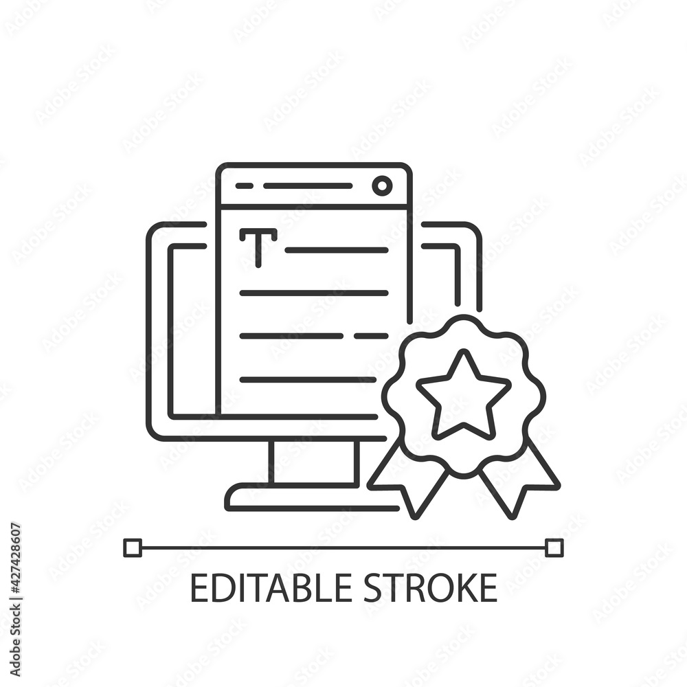Professionalism linear icon. Online platform. Quality copywriting services. Writing text. Thin line customizable illustration. Contour symbol. Vector isolated outline drawing. Editable stroke Professionalism linear icon. Online platform. Quality copywriting services. Writing text. Thin line customizable illustration. Contour symbol. Vector isolated outline drawing. Editable stroke
