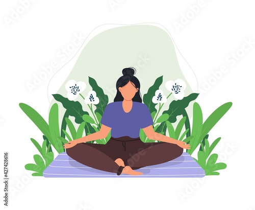 Meditating woman in meditation in green meadow. Park yoga pose. Girl relaxing healthy fitness. Relaxed expression outside summer. Beautiful woman doing yoga nature peaceful pose. Vector illustration