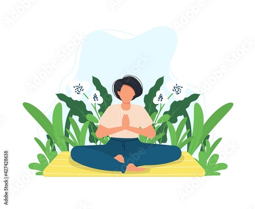 Meditating woman in meditation in green meadow. Park yoga pose. Girl relaxing healthy fitness. Relaxed expression outside summer. Beautiful woman doing yoga nature peaceful pose. Vector illustration