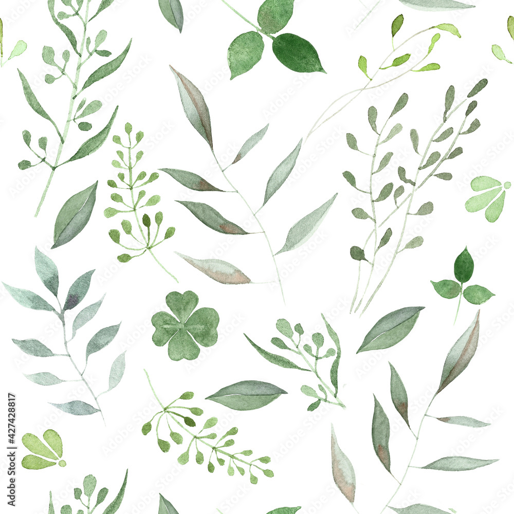 Hand painted Watercolor Seamless Botanical Pattern on white background. Green Illustration for design