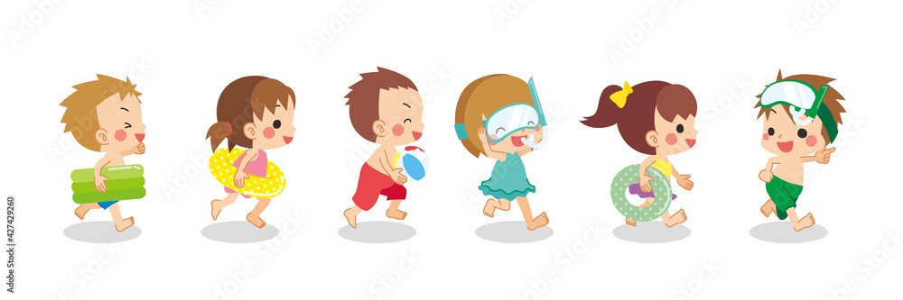 水着を着た可愛い小さな子供たちが友達と走り回っているイラスト 白背景 Stock Vector Adobe Stock