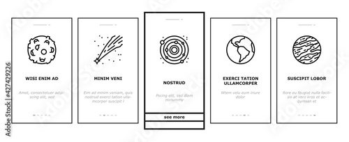 Galaxy System Space Onboarding Mobile App Page Screen Vector. Milky Way Galaxy Planet And Sun, Falling Star And Constellation, Moon And Earth Illustrations
